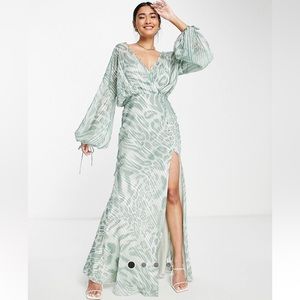 Asos Design drape detail maxi dress button detail in animal print satin stripe